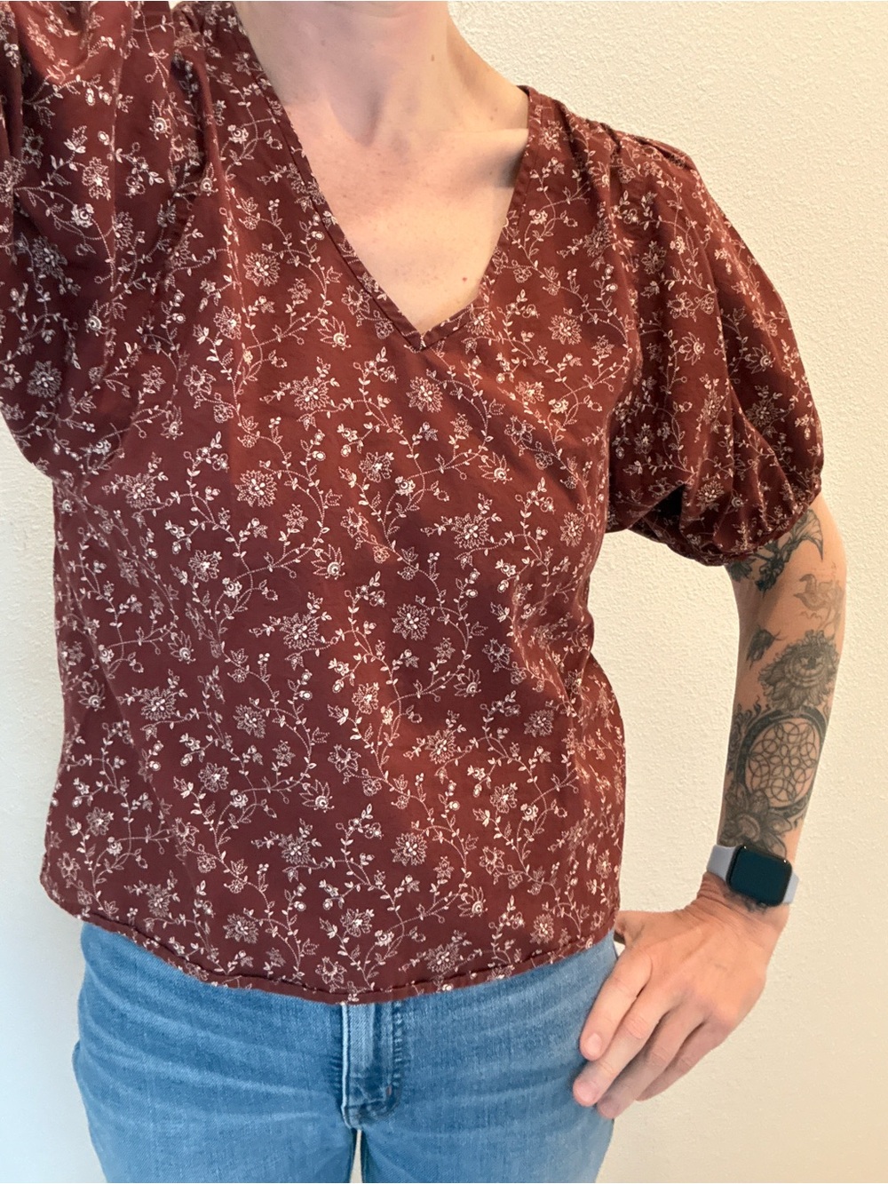 Madewell Floral Puff Sleeve Top S Rust Boho Cottagecore V-Neck Cotton Blouse EUC